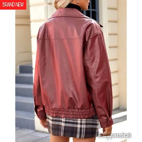 Oversized Faux Leather Motorcycle Jacket, Women's Plus Size Bomber Coat